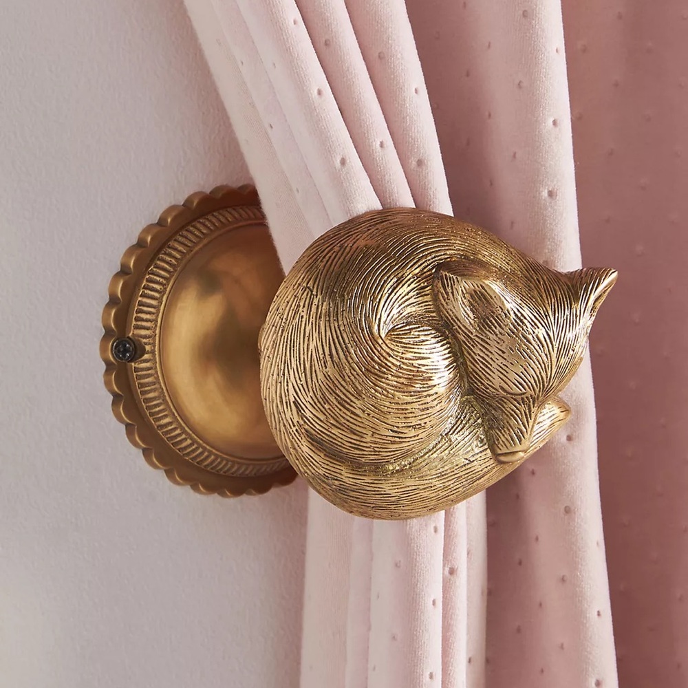 Anthropologie Gold Brass Fox Curtain Tieback Set